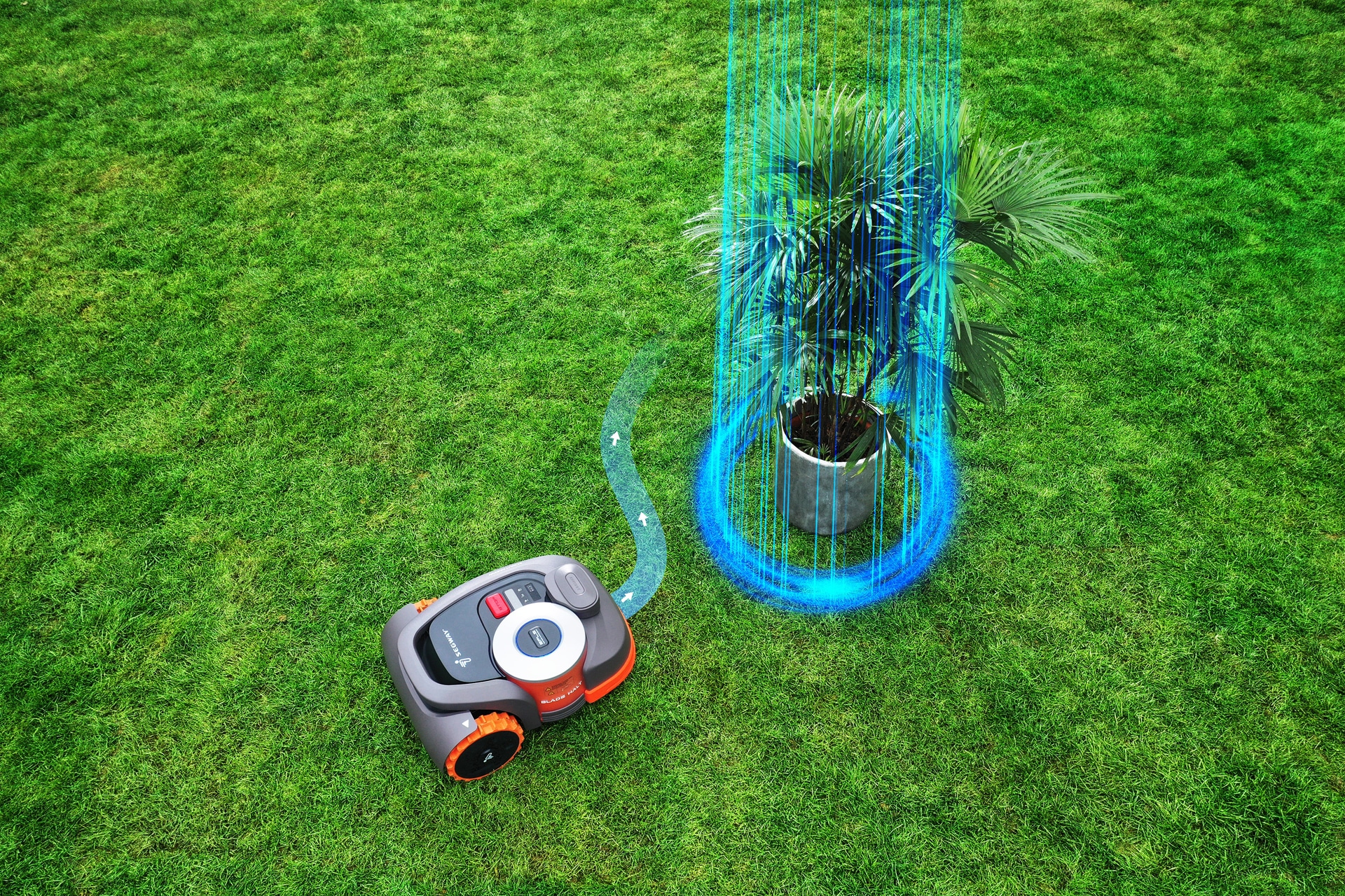 AP-Robots avec démonstration d'un Segway Navimow évitant intelligemment un obstacle - Expertise personnalisée pour choisir le robot tondeuse adapté à votre terrain et vos besoins spécifiques.