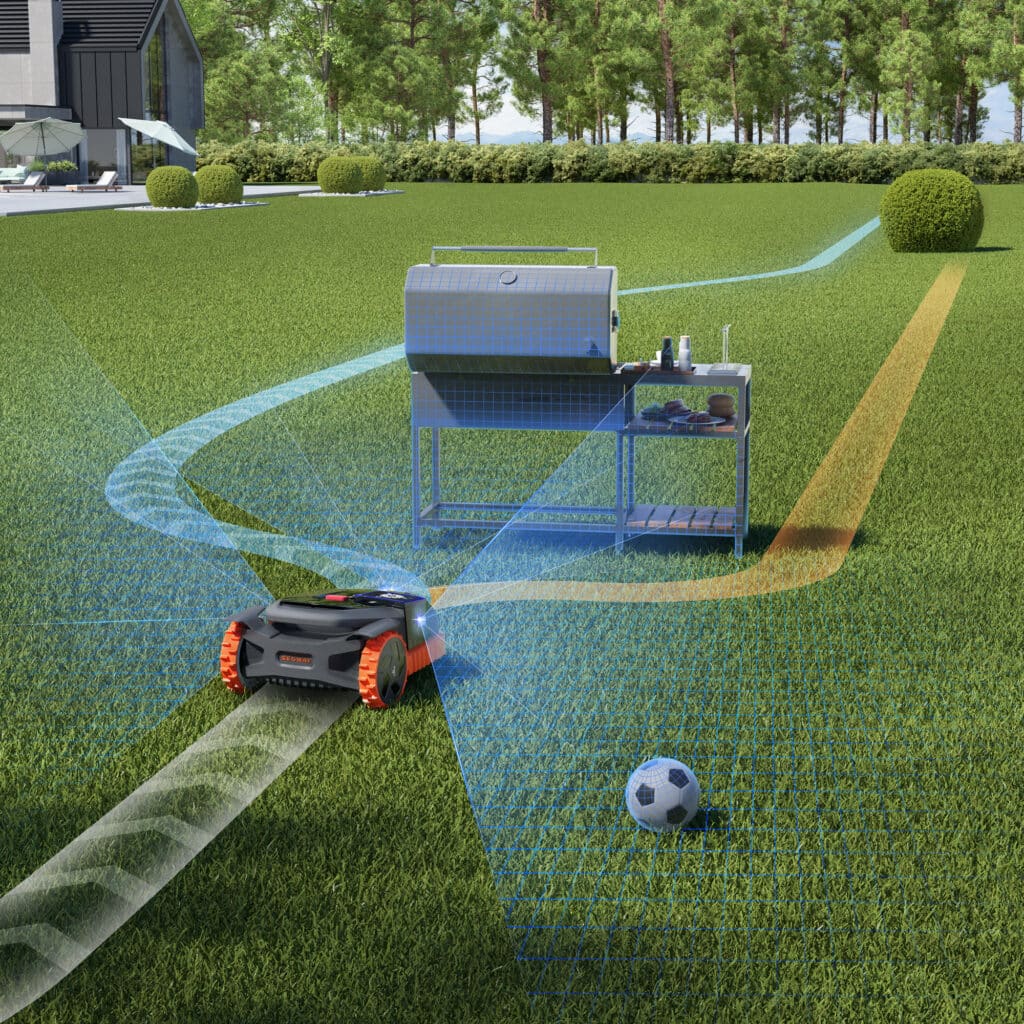 Robot tondeuse Segway Navimow avec VisionFence 2.0 - Technologie IA à vision 300° détectant et contournant automatiquement les obstacles grâce à son système intelligent proposé par AP-Robots.
