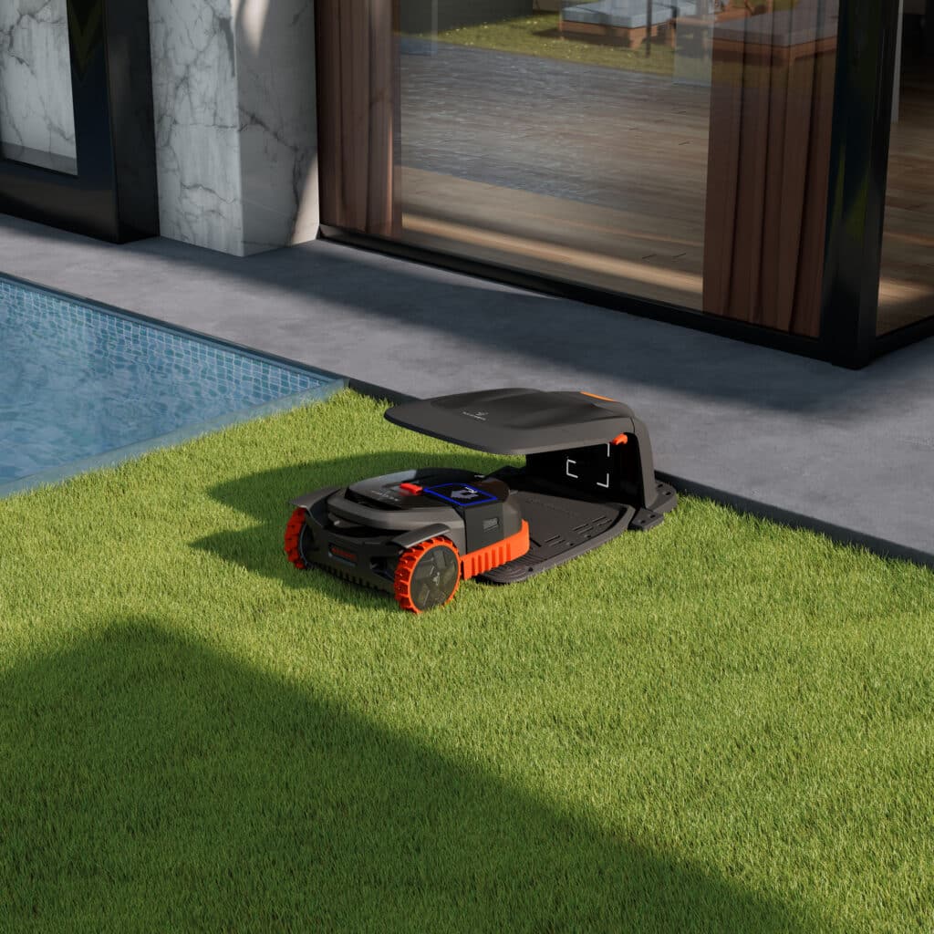 Configuration d'un robot tondeuse sur smartphone par un technicien AP Robots - Paramétrage personnalisé des zones, hauteurs et horaires pour une tonte autonome et précise.