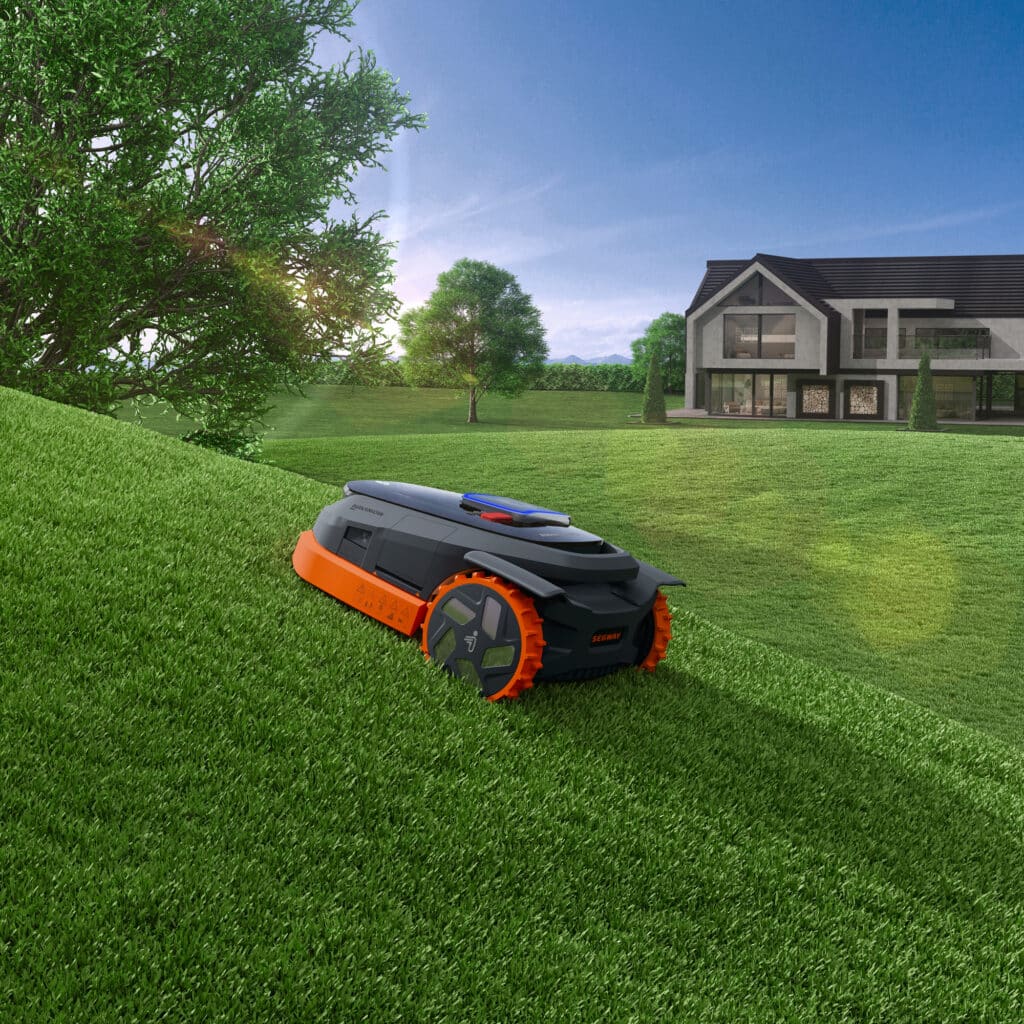 Robot tondeuse Segway Navimow X390 maîtrisant une pente à 50% - Solution idéale pour terrains inclinés et irréguliers par AP-Robots, garantissant une tonte homogène même sur reliefs difficiles.