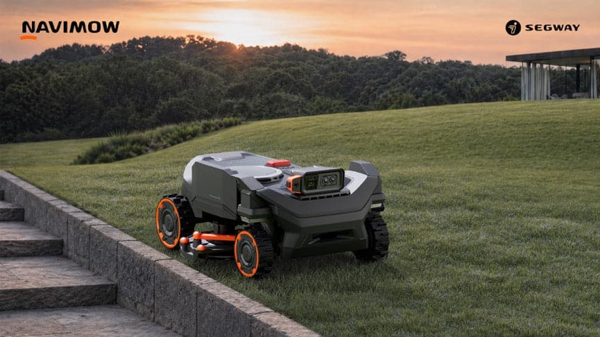 Navimow H5 Pro au travail le long d’une bordure avec son bras EdgeMaestro